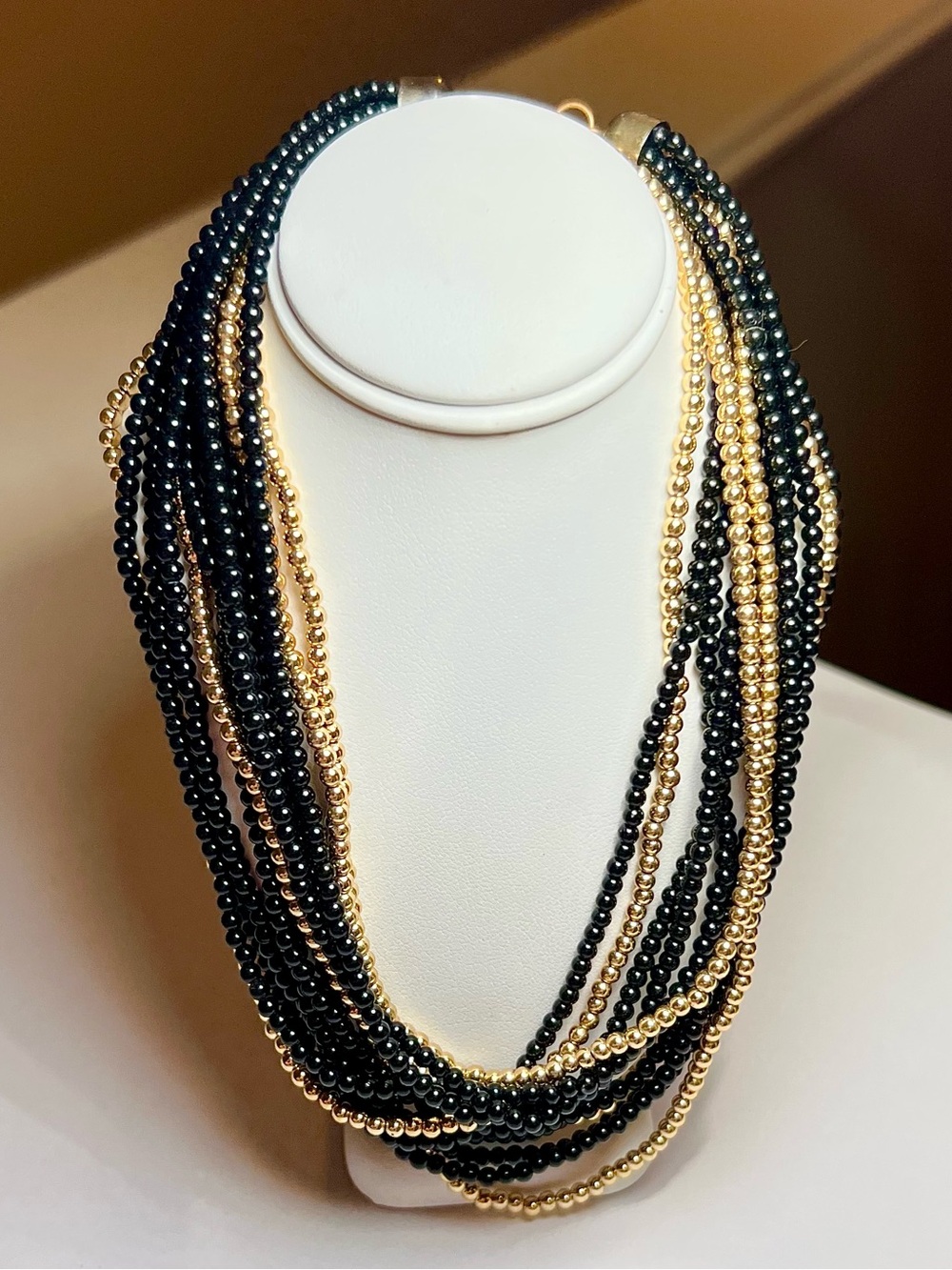 Vintage Black Gold Multi Strand Seed Bead Necklace Layered Statement